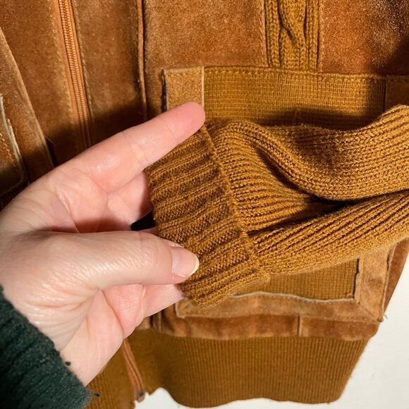 Vintage Suede Knit Jacket M 70s Orange Brown Cowhide Full Zip Retro Ricky Style - Picture 4 of 14